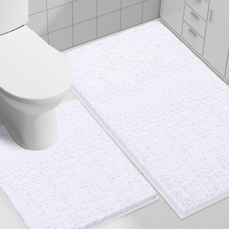 Smiry Bathroom Rugs Set 2 Piece, Soft Absorbent Chenille Bath Mat and U-Shaped Toilet Rug Set, Non Slip Shaggy Bath Carpet for Tub, Shower and Floor (30x20+24x20, White) - Image 1